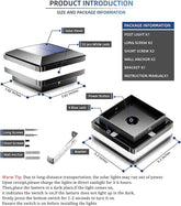 Product introduction with solar panel light and packaging details on a white background